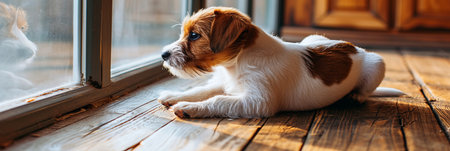 Adorable small dog standing on two legs by the window, searching or waiting for his owner indoorsの素材