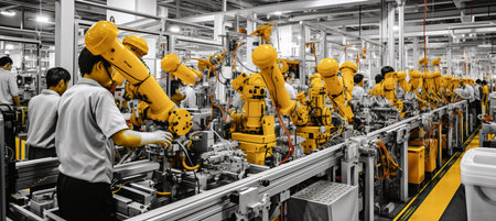 Realistic representation of workers operating heavy machinery in a dynamic factory environmentの素材