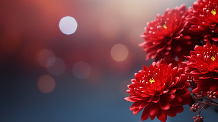 Vibrant red chrysanthemum flower on enchanting bokeh background with ample text placement spaceの素材