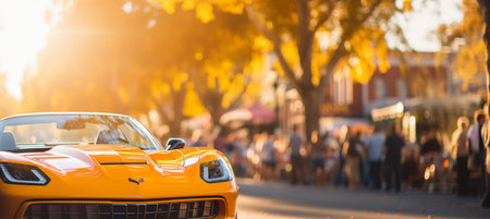 Enchanting blurred bokeh effect at car show with vibrant and enthusiastic crowd in the backgroundの素材