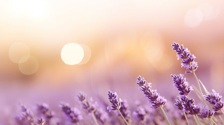 Purple lavender flowers with magical bokeh background and ample space for text placementの素材