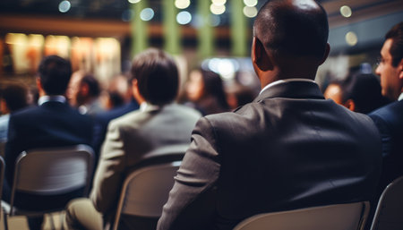 Unidentified participant at business symposium in conference hall listening to speakersの素材