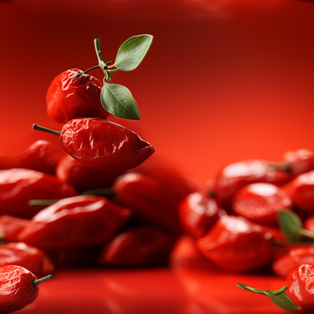Ripe goji berry isolated on vibrant red background for healthy nutrition and diet conceptsの素材