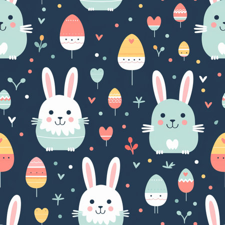 Adorable cats   playful easter pastel colors   seamless pattern with joyful easter celebrationの素材