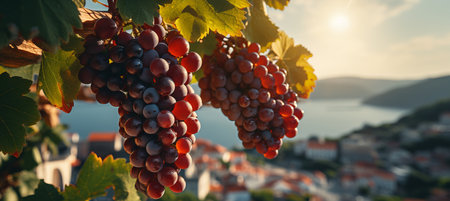 Golden sunlight on vineyard grapevines for wine product showcasing or event promotions.の素材
