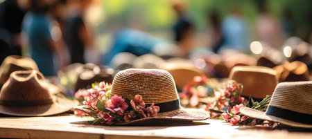 Vibrant beachfront marketplace  blurred background with fresh fruits, crafts, and sun hatsの素材