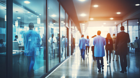 Blurred image of doctor and patient in hospital interior for background, healthcare conceptの素材