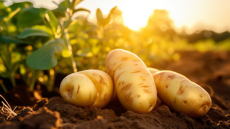 Vibrant and thriving potato harvest on a picturesque plantation under the warm summer sun.の素材
