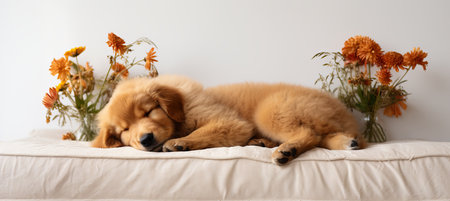 cute dog sleeping peacefully on sofa with ample space for text on left top side of imageの素材
