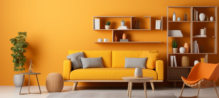 Scandinavian living room with stylish sofa, chair, and bookshelf against limitless color walls.の素材