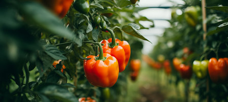 Vibrant and bountiful bell pepper harvest growing on an open plantation on a sunny summer day.の素材