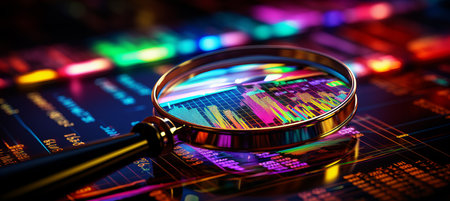 hyperrealistic ultraviolet and neon data analysis with magnifier, charts, and graphsの素材