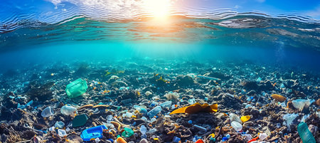 Destructive plastic waste endangering marine life in the submerged depths of the ocean.の素材
