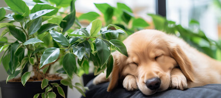 Adorable golden retriever dog peacefully sleeping on the sofa with empty space on the left for textの素材
