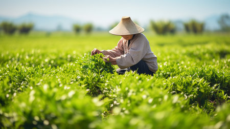 Vibrant summer day  cheerful chinese man joyfully picking tea leaves in a sunlit fieldの素材