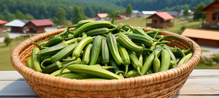 Bountiful okra harvest on a lush open plantation, bathed in the warm glow of a summer day.の素材