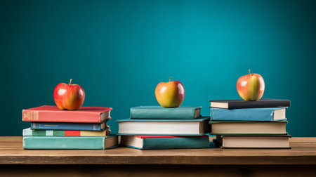 Back to school concept   organized school table with books, pencils, and blackboard for text.の素材