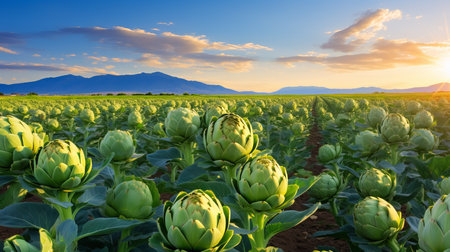 Bountiful artichokes flourishing on an expansive open plantation, under the radiant summer sun.の素材