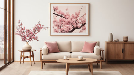 Japandi living room with grey armchair, beige loveseat, and poster frames on white wallの素材