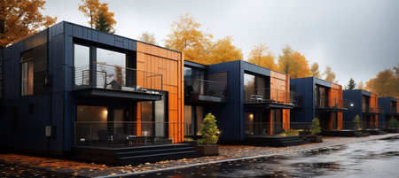 Modern modular private townhouses with sophisticated residential architecture exteriorsの素材