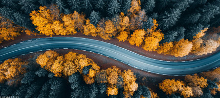 Aerial view  serpentine road meandering through lush forest towards majestic mountain summit.の素材