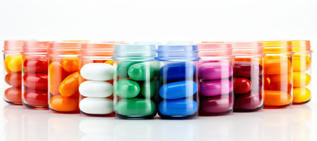 Vibrant pills collection on white background for pharmaceutical and healthcare conceptsの素材