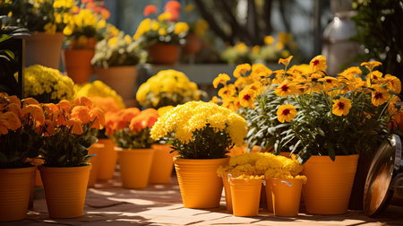 Gardening tools and flowerpots in a sunny garden   essential equipment for plant careの素材