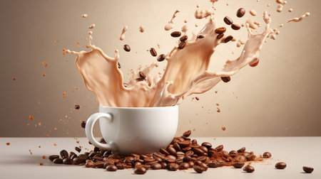 Coffee cup with splashes and flying beans on beige gradient background, copy space for textの素材