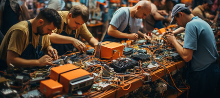 Synchronized teamwork of factory workers in product assembly and meticulous inspectionの素材