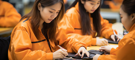 Efficient teamwork and synchronized assembly and inspection by skilled factory workersの素材