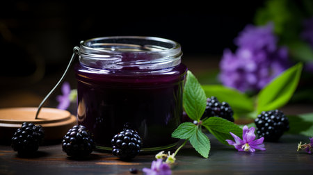 Delicious blackberry jam on toast with fresh berries for a delightful breakfast treatの素材