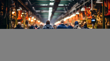 Vibrant factory floor with diligent workers operating heavy machinery and overseeing productionの素材