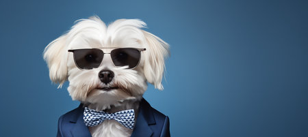 Sunglasses wearing dog in a suit with tie, isolated on blue background with text space on the leftの素材