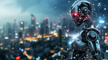 Artificial intelligence female robot with ample space for text on enchanting gradient backgroundの素材