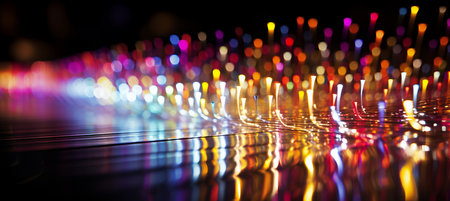Blurred bokeh with binary code and computer circuitry on dark background for technology designの素材