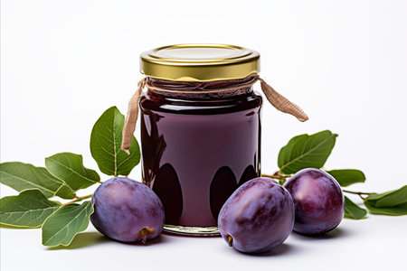 Delicious plum jam in glass jar, isolated on white background with copy space for text placementの素材