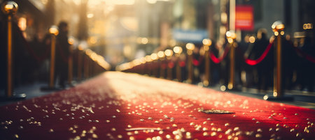 Blurred bokeh at movie premiere  red carpet, flashing cameras, and celebrities amid crowd of fansの素材