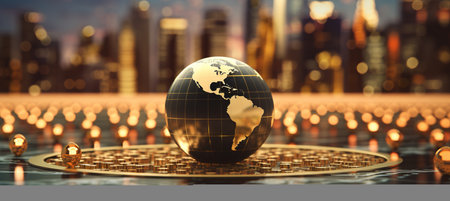 Blurred bokeh background with abstract financial technology symbols and dynamic light streaksの素材