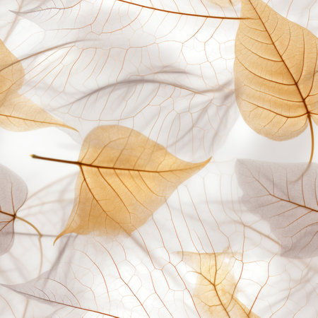 Translucent orange foliage skeleton seamless pattern with textured background on a white backdropの素材