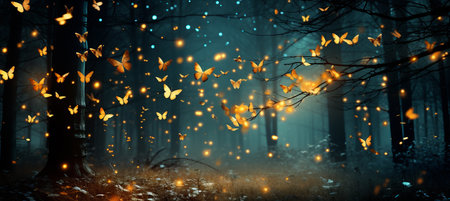 Glowing forest clearing with fireflies, fairies, and woodland creatures in a midnight celebrationの素材
