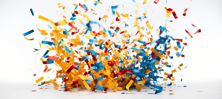 Vibrant confetti explosion on white background with abundant text space for customizationの素材