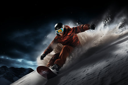 Daring snowboarder flawlessly conquers off piste ski slope in thrilling winter sports triumphの素材