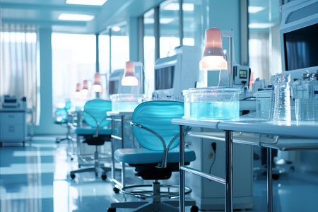Modern pharmacy interior with sleek furniture and organized displays in blue and white tonesの素材