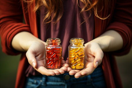 Close up of a woman s hand holding a diverse selection of nutritional food supplementsの素材