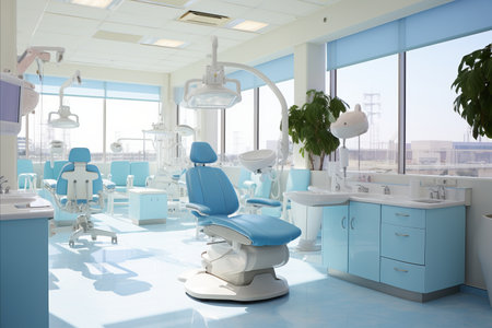 Modern dental clinic interior with light blue and white tones, exuding a soothing ambianceの素材
