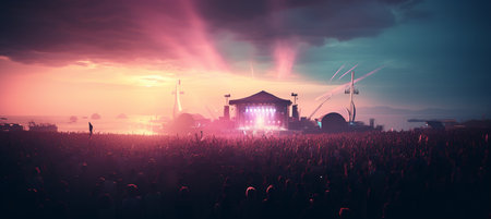 Bokeh effect at music festival with live band on stage and vibrant lights illuminating crowd.の素材