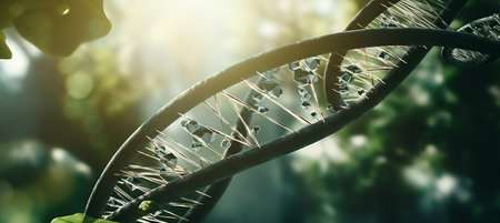 Dna helix encircled by lush green plants, depicting the harmony of nature and genetic structureの素材