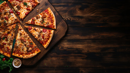 Assorted pizza slices on vintage wooden boards, ideal for a captivating retro banner conceptの素材