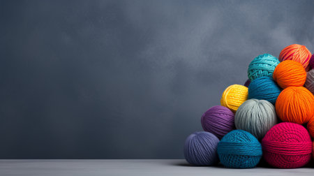 Rainbow wool yarn balls on gray background with ample text space for design or advertising.の素材