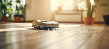 Smart home robot vacuum cleaner for efficient automated cleaning in modern white living room.の素材